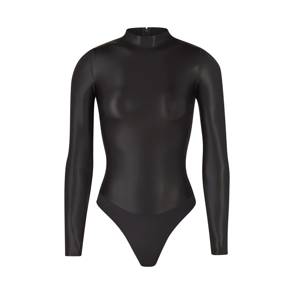 SKIMS FAUX LEATHER MOCK NECK BODYSUIT SOOT NWT (SOLD OUT) 🖤 SIZE XL LONG SLEEVE - Picture 3 of 10